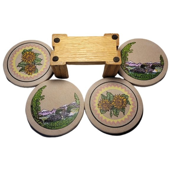 Absorbent Stone 4 Coaster Set With Oak Wood Holder Ducks and Sunflowers - Picture 3 of 7